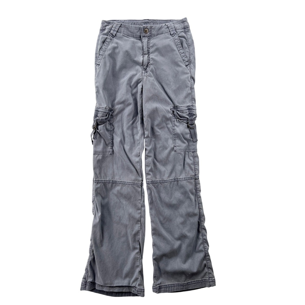 American Eagle Super High Rise Baggy Wide Leg Cargo Pants Women Size 0 Blue Gray